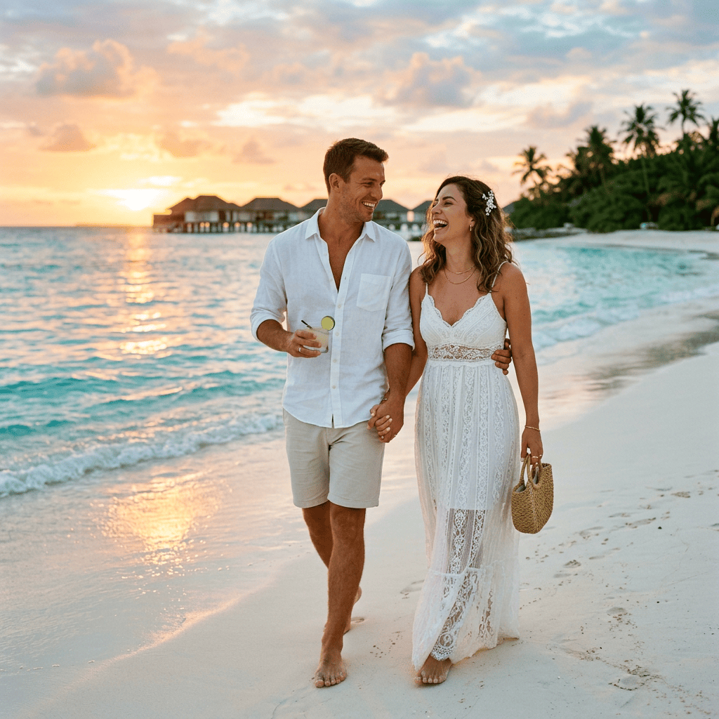 Couple walking hand in hand along tropical beach at sunset