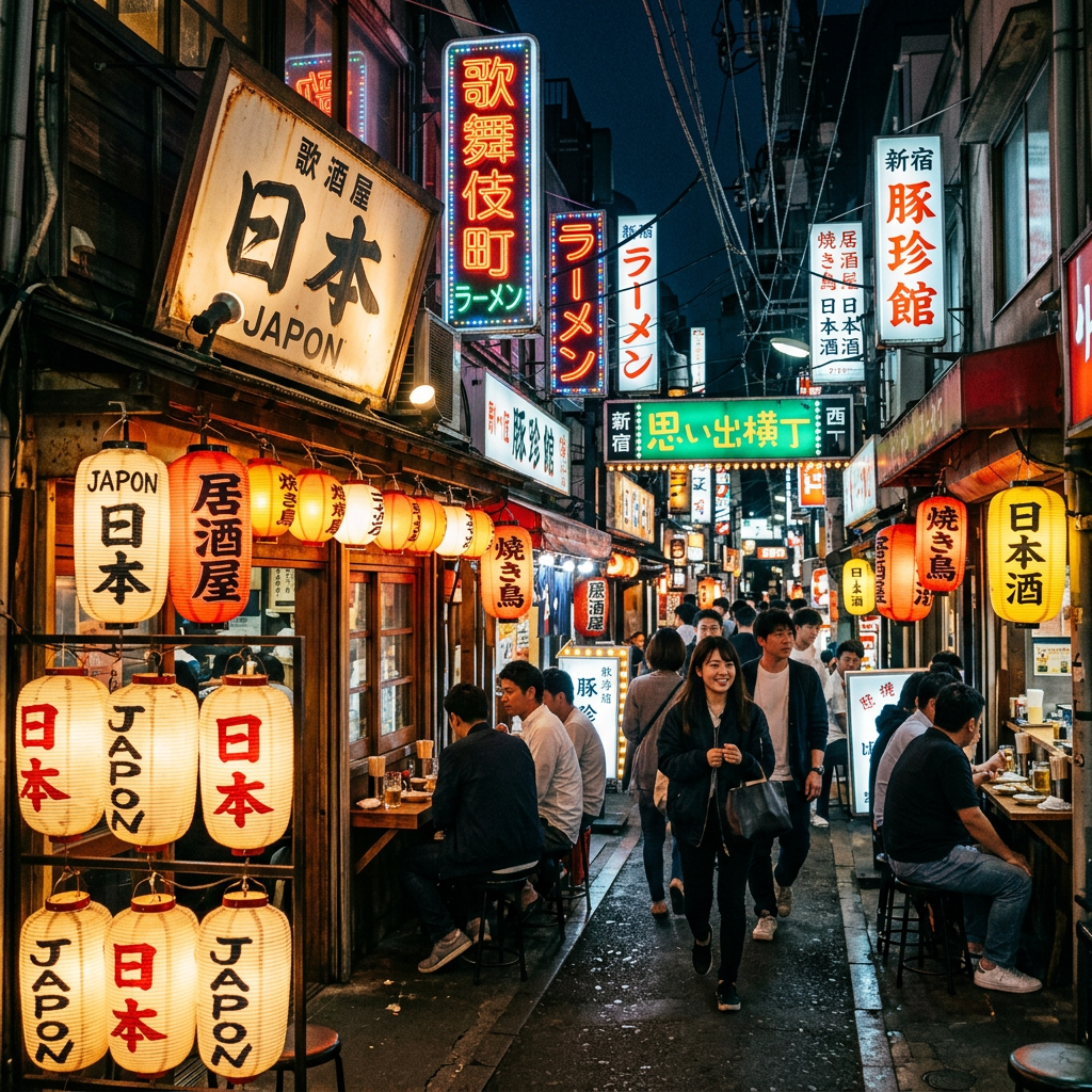 Crowded Japanese dining alley with glowing lanterns and neon signs