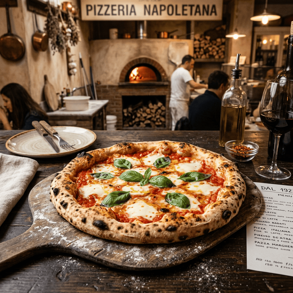 Margherita pizza with basil served in a traditional pizzeria