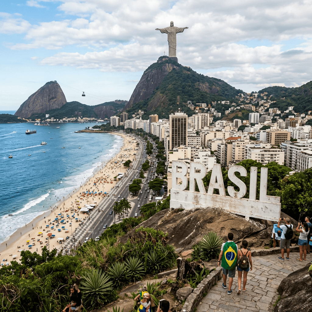 Christ the Redeemer above Rio de Janeiro with Copacabana Beach and Brasil sign